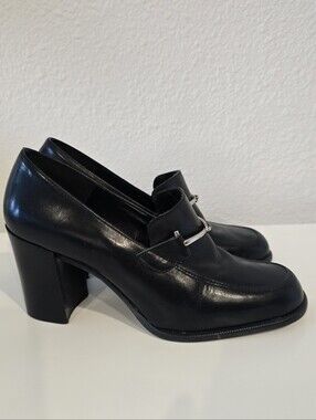 Nine West Vintage Womens Black Leather Loafer Heels 5.5 Office Dark Academia